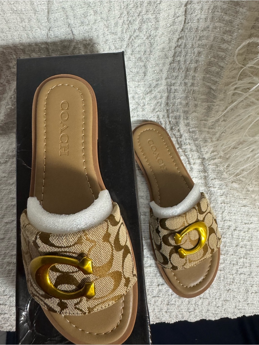 Coach Beige Signature Canvas Slide Mules with Gold C Logo
